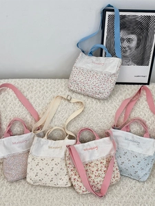 Floral patchwork canvas tote bags in various colors with lace trim and shoulder straps