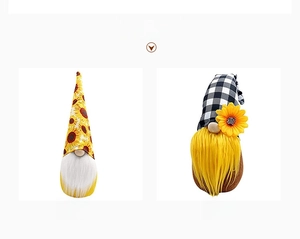 Detail view of sunflower gnomes with plush beards and checkered hats for party decor