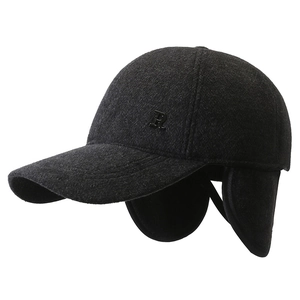 Men's wool blend baseball cap with ear flaps and metallic R logo in charcoal gray