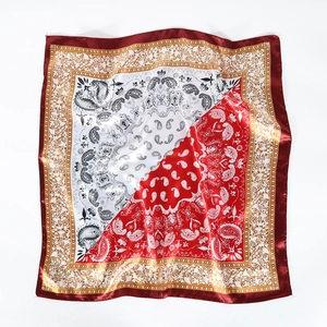 Red and white paisley square silk scarf with golden floral border for women