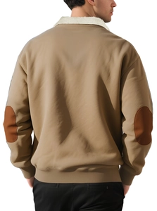 Men's khaki fleece sweatshirt back view showing brown leather texture elbow patches