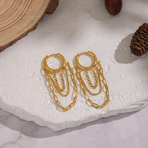 Golden chain tassel hoop earrings for women with minimalist geometric steel design