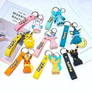 Variety set of colorful Pokemon Eeveelutions character keychains with matching wrist straps.
