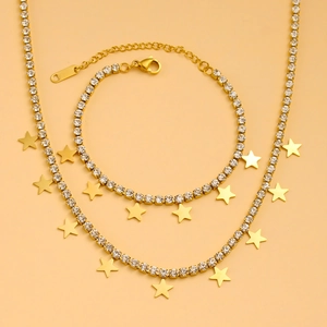 Stainless Steel Gold Plated Rhinestone Star Pendant Necklace Bracelet Jewelry Set For Women Fashion Starry Jewelry