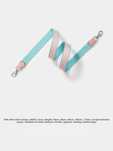 Detail view of pink and blue woven shoulder strap with leather ends and silver metal clasps