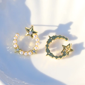 Gold-plated crescent moon and star stud earrings with micro-set pearls and cubic zirconia