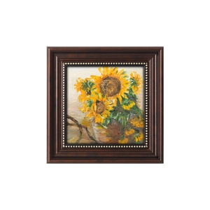 European vintage square wooden photo frame with sunflower oil painting and gold studs