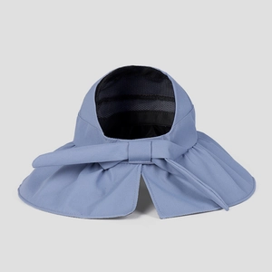 Detail view of the breathable mesh lining and greyish blue sun hat with bow decoration