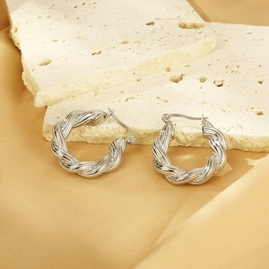 Close-up of silver twist-rope hoop earrings on stone and gold silk background