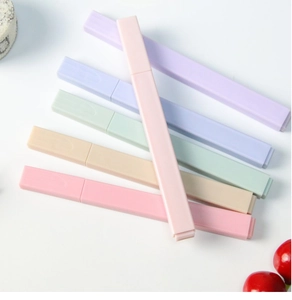 Flat lay of five minimalist matte highlighters in pastel colors on a white surface