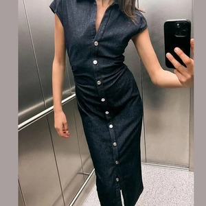 Women Sleeveless Denim Dress Single Breasted Slim Fit Ruched Midi Length Sexy Chic Dark Blue Fashion Streetwear