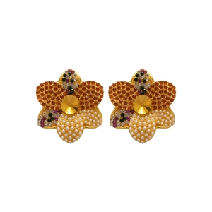 Elegant floral stud earrings with colorful crystals and pearl accents on white background