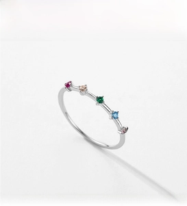 Detailed top view of a S925 sterling silver ring with five colorful round zircons