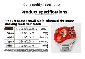 Detailed size chart showing 16x10cm dimensions for a red cartoon fabric Christmas stocking