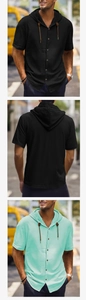 Detail view of linen short sleeve hooded shirts in black and mint green colors