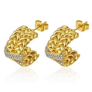 18k gold plated stainless steel C-shaped earrings with sparkling cubic zirconia accents