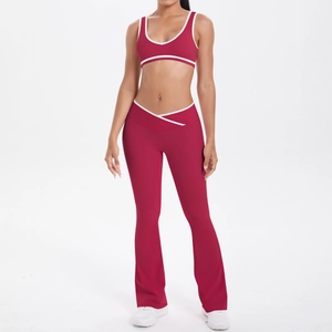 Front view of burgundy yoga set with U-neck bra and V-cross high waist flared pants