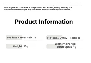 Specifications for striped alloy hair tie featuring material details and plating process