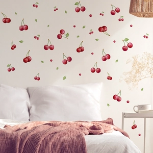 Self-adhesive cherry wall stickers with red fruit and green leaves for bedroom decor