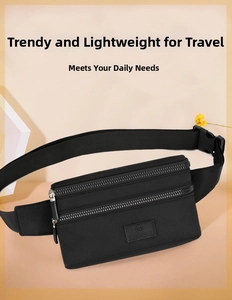 Detail of multi-layer black oxford waist bag with adjustable buckle strap and zippers