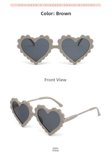 Detailed front and side views of khaki heart-shaped sunglasses for kids with wavy frames