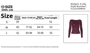 Size chart for slim long sleeve top with rhinestone butterfly in deep burgundy red