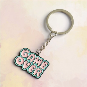 Cute pink and mint green Game Over pixel heart keychain with silver metal chain ring