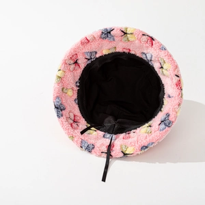 Pink plush bucket hat with colorful butterfly prints and adjustable inner drawstring