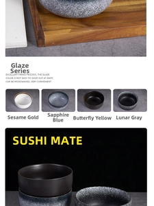Detailed close-up of Japanese style ceramic soup bowls with unique color glazes and textures