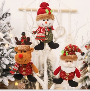 Detail of plush Christmas tree ornaments featuring a snowman, reindeer, and Santa Claus
