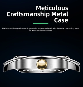 Detailed close-up of brushed metal watch case with golden crown and precise craftsmanship