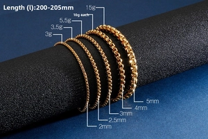 Size chart showing gold plated square link bracelets in various widths from 2mm up to 5mm