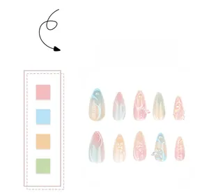 Detail of almond-shaped fake nails with 3D butterflies, pearls and aurora gradient finish
