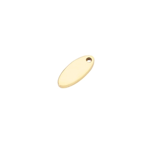 Close-up of a polished gold oval stainless steel tag pendant with a hanging hole