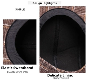 Detail view of the brown plaid cap featuring an elastic sweatband and delicate lining