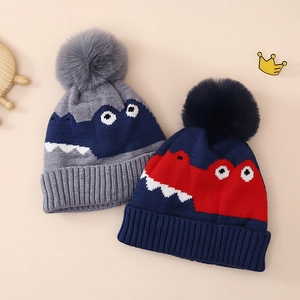 Bonnet en tricot dinosaure pour enfants avec doublure polaire et pompon en fausse fourrure