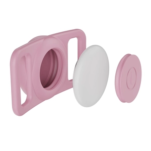 Exploded view of pink silicone waterproof AirTag case for pet collars and trackers