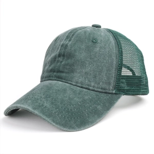 Detail of dark green vintage washed cotton mesh baseball cap for outdoor sun protection