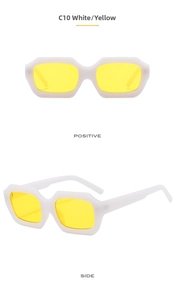 Front and side view of white frame sunglasses with yellow rectangular lenses