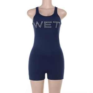 Close-up of navy blue sleeveless bodysuit with sparkling rhinestone WET lettering