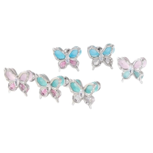 Set of six butterfly stud earrings with colorful crystals and silver titanium steel base