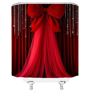 Détail du rideau de douche 3D rouge avec nœud en velours et imprimé perles