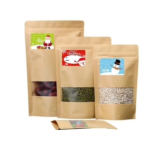 Christmas kraft paper self-standing bags with window and festive holiday stickers