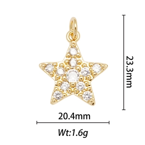 18k gold plated star pendant with sparkling cubic zirconia, 23.3x20.4mm size display