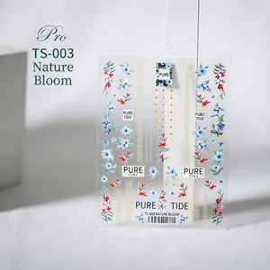 3D 5D thin transparent floral nail art stickers with gold accents and blue red petals