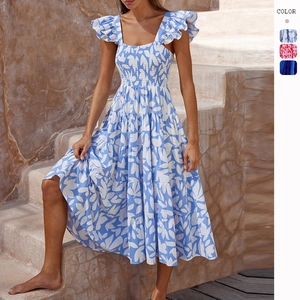 Florales Maxi Kleid Gekräuseltes Eckiger Ausschnitt Rüschenärmel Stufenrock Böhmisches Sommerkleid Für Frauen