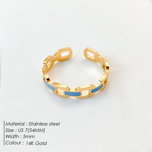 14K gold plated stainless steel hollow chain ring with blue enamel inlay for women