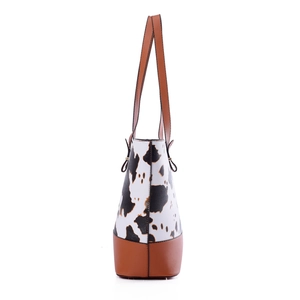 Women's stylish large capacity tote bag with cow print pattern and brown leather trim