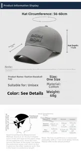 Size chart showing baseball cap dimensions including 9cm brim and 56-60cm circumference