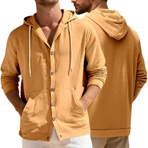 Detailed front and back view of ginger cotton linen hooded shirt for men with buttons